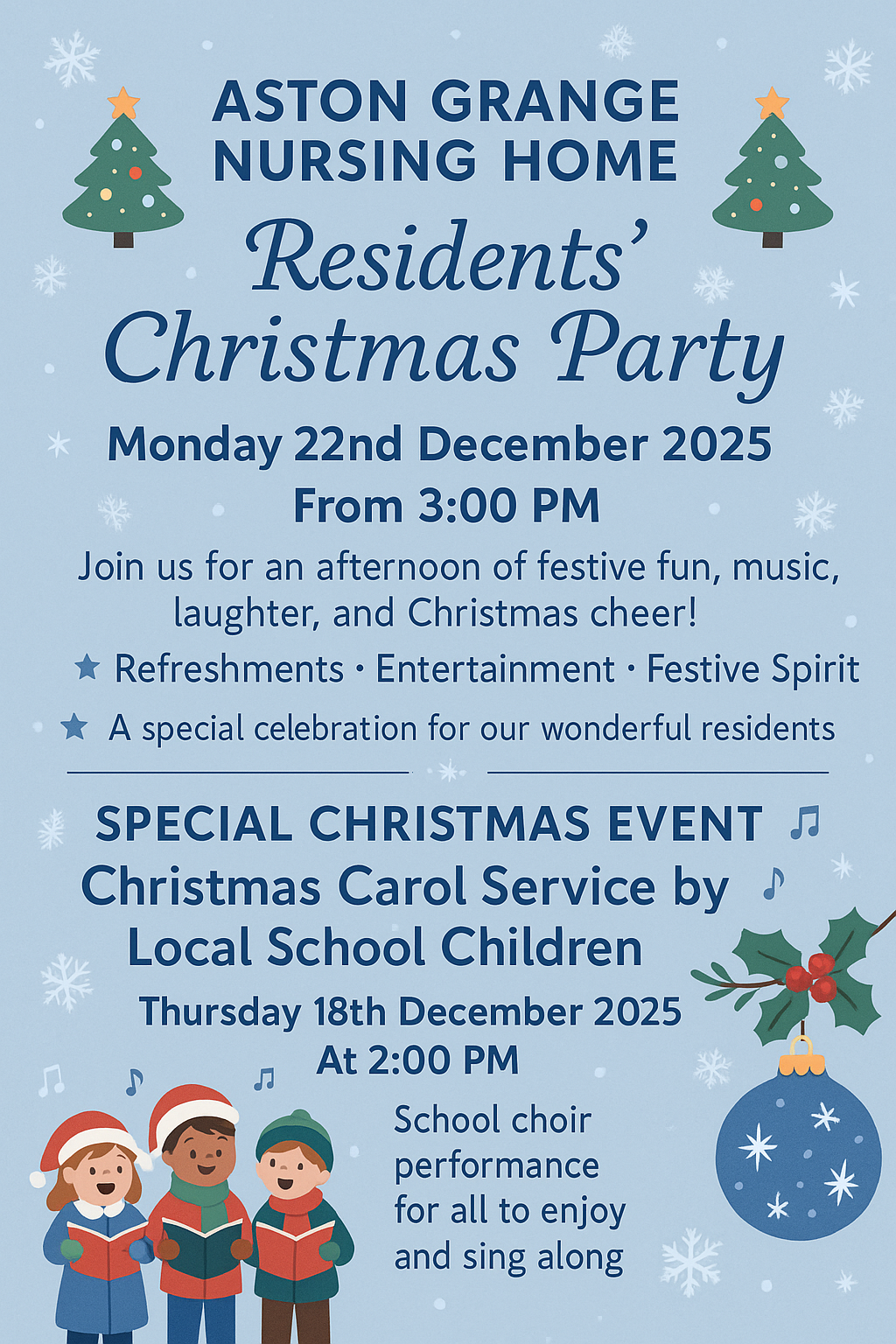 Aston Grange Nursing Home Christmas Events Poster - Residents' Christmas Party on 22nd December and Christmas Carol Service on 18th December 2025